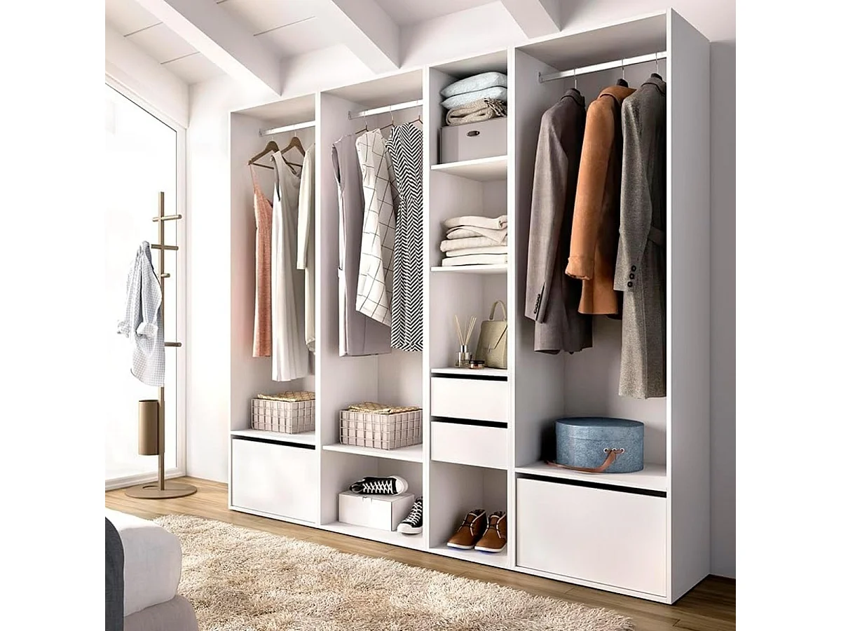 Armario vestidor Suit 3 barras con 2 cajones y 2 zapateros blanco/natural 205x218x45 cm