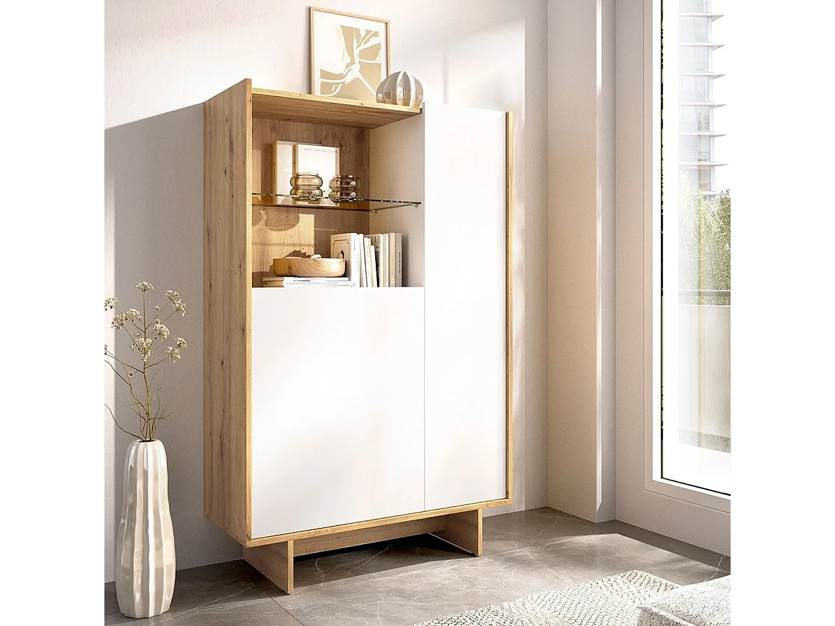 Aparador KA dos puertas con estante de cristal blanco/natural 138,2x80,5x30,3 cm