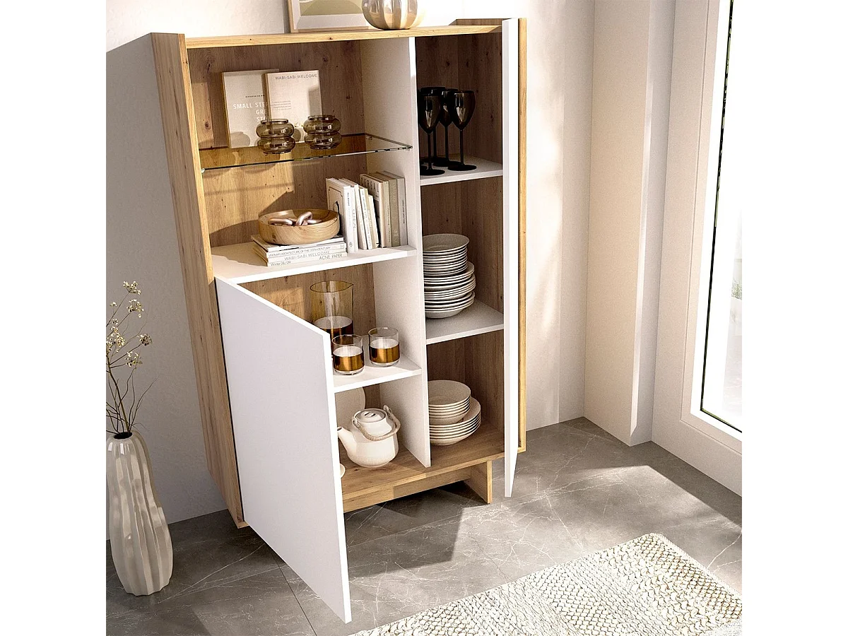 Aparador KA dos puertas con estante de cristal blanco/natural 138,2x80,5x30,3 cm