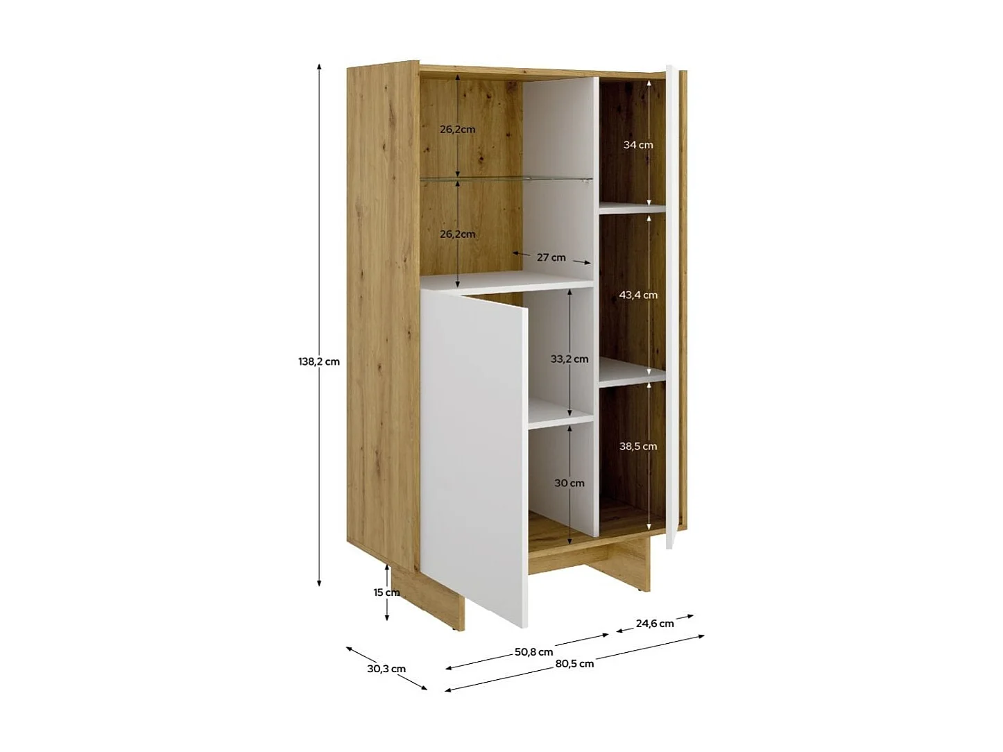 Aparador KA dos puertas con estante de cristal blanco/natural 138,2x80,5x30,3 cm