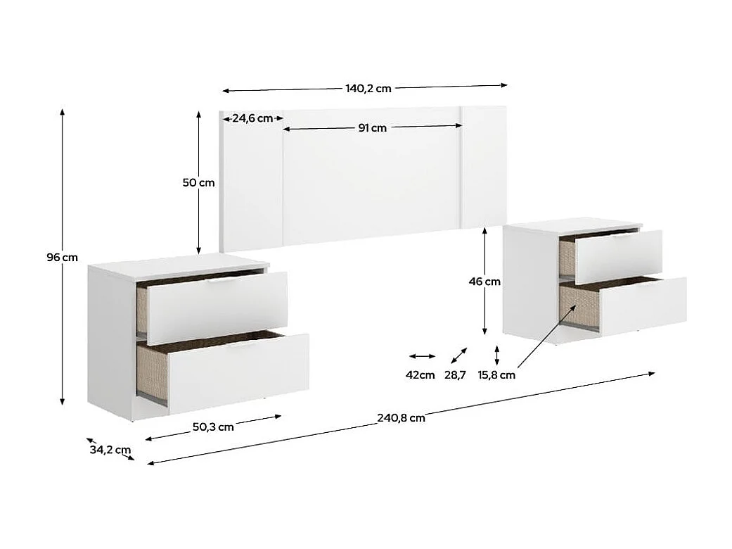 Composición de dormitorio Flow 2 mesitas con cabecero blanco 96x240,8x34,2 cm
