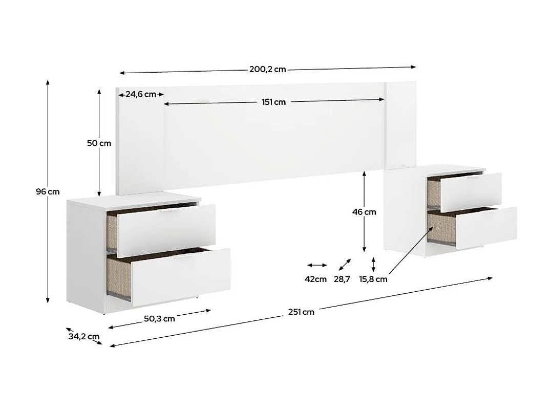Composición de dormitorio Len cabecero con mesitas de noche blanco 96x200,2x34,2 cm