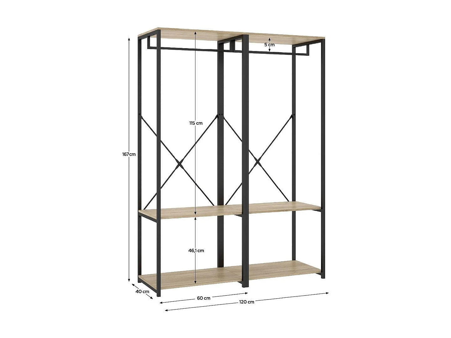 Armario vestidor Trok 2 barras con estantes negro/natural 167x120x40 cm