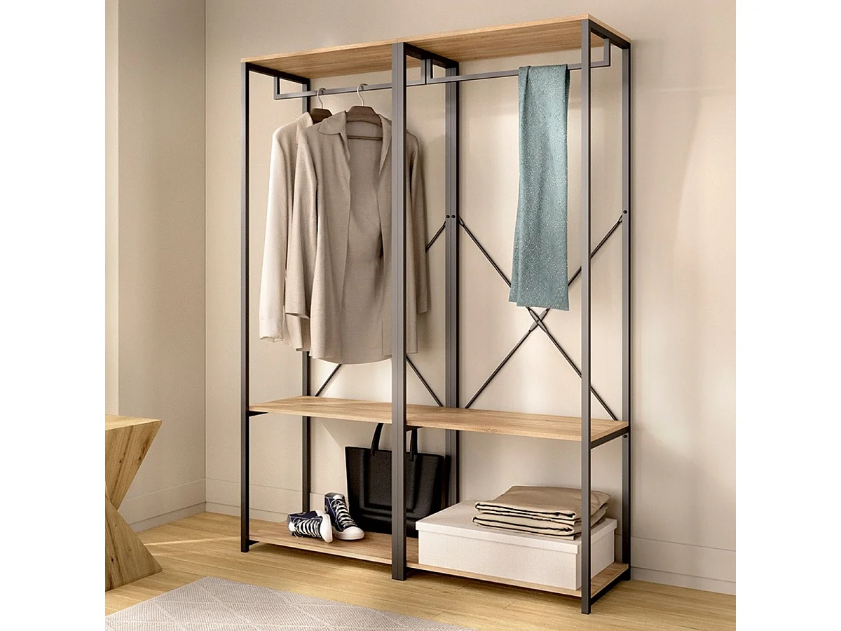 Armario vestidor Trok 2 barras con estantes negro/natural 167x120x40 cm