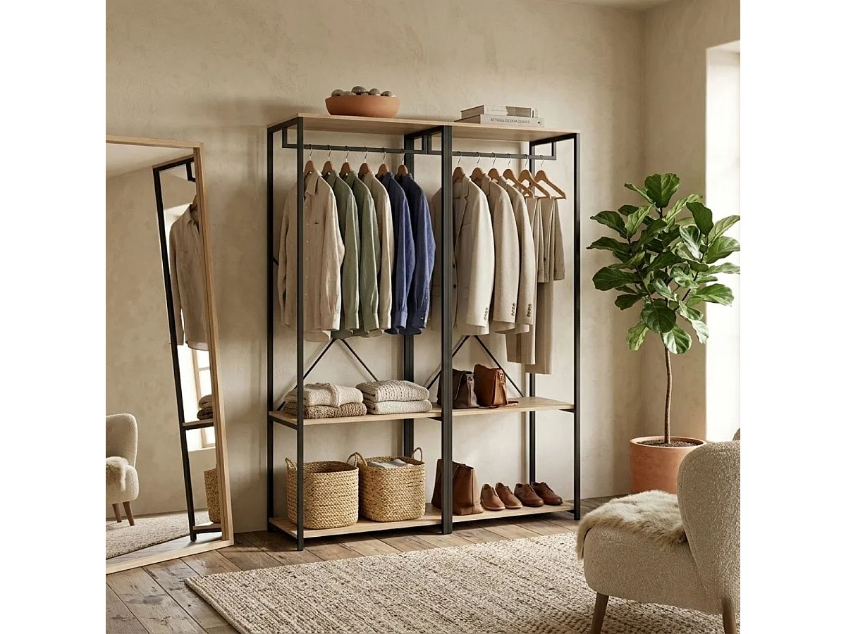 Armario vestidor Trok 2 barras con estantes negro/natural 167x120x40 cm