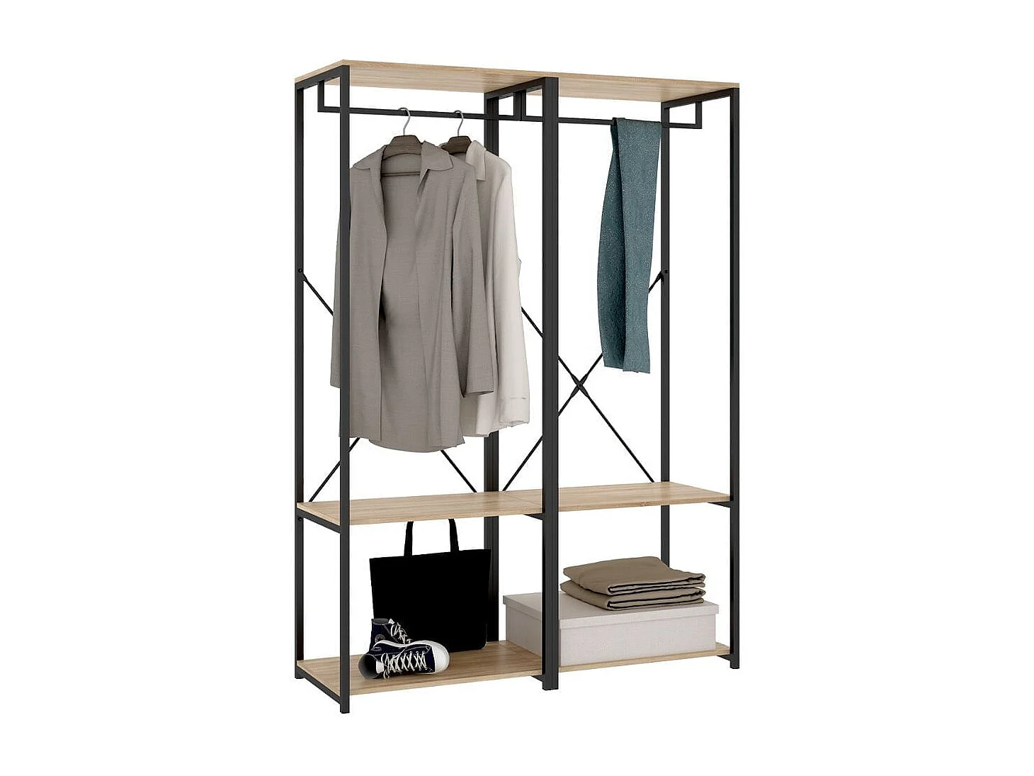 Armario vestidor Trok 2 barras con estantes negro/natural 167x120x40 cm