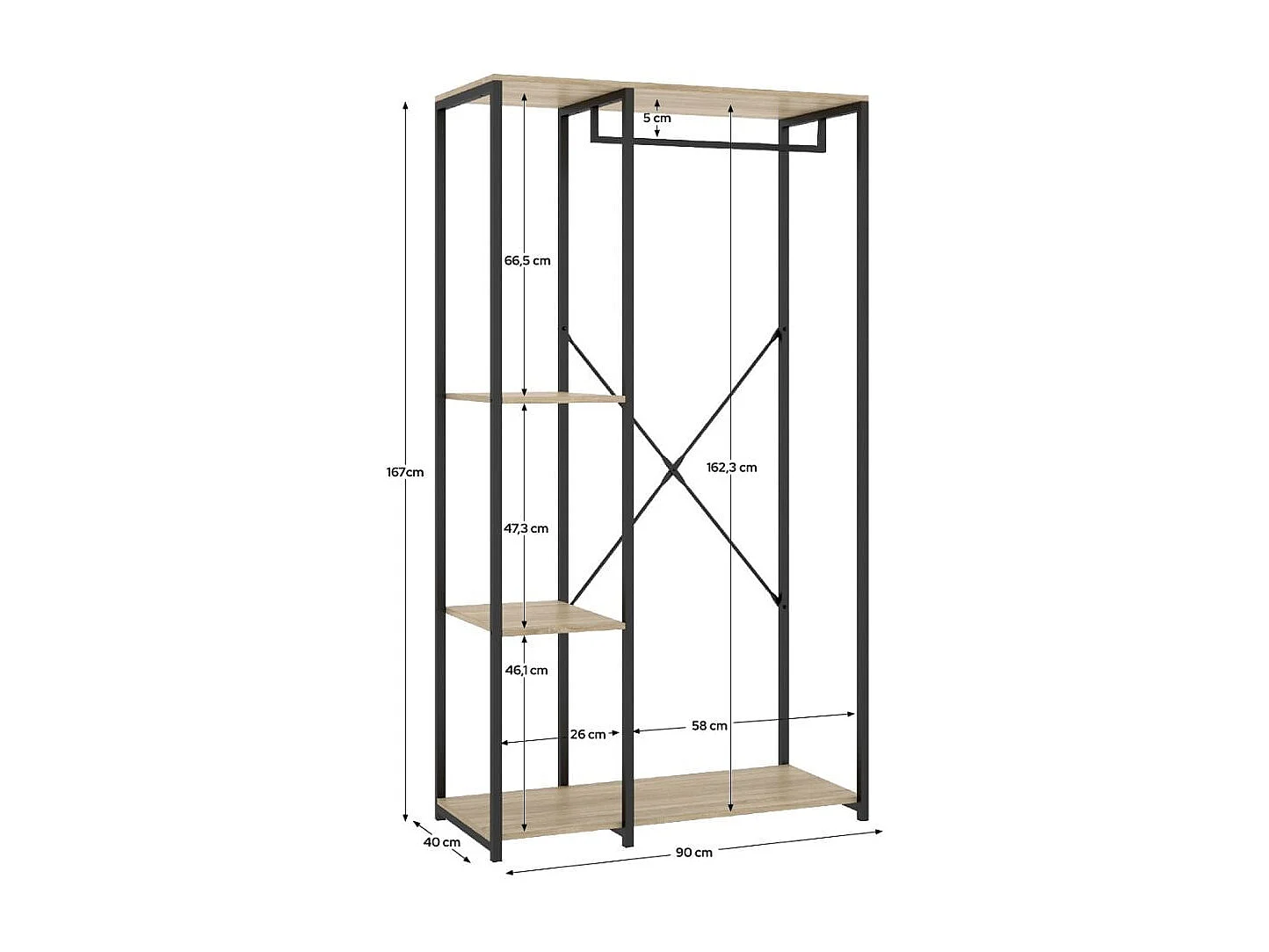 Armario vestidor Tork con barra y 3 estantes negro/natural 167x90x40 cm