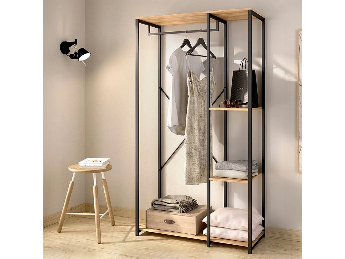 Armario vestidor Tork con barra y 3 estantes negro/natural 167x90x40 cm