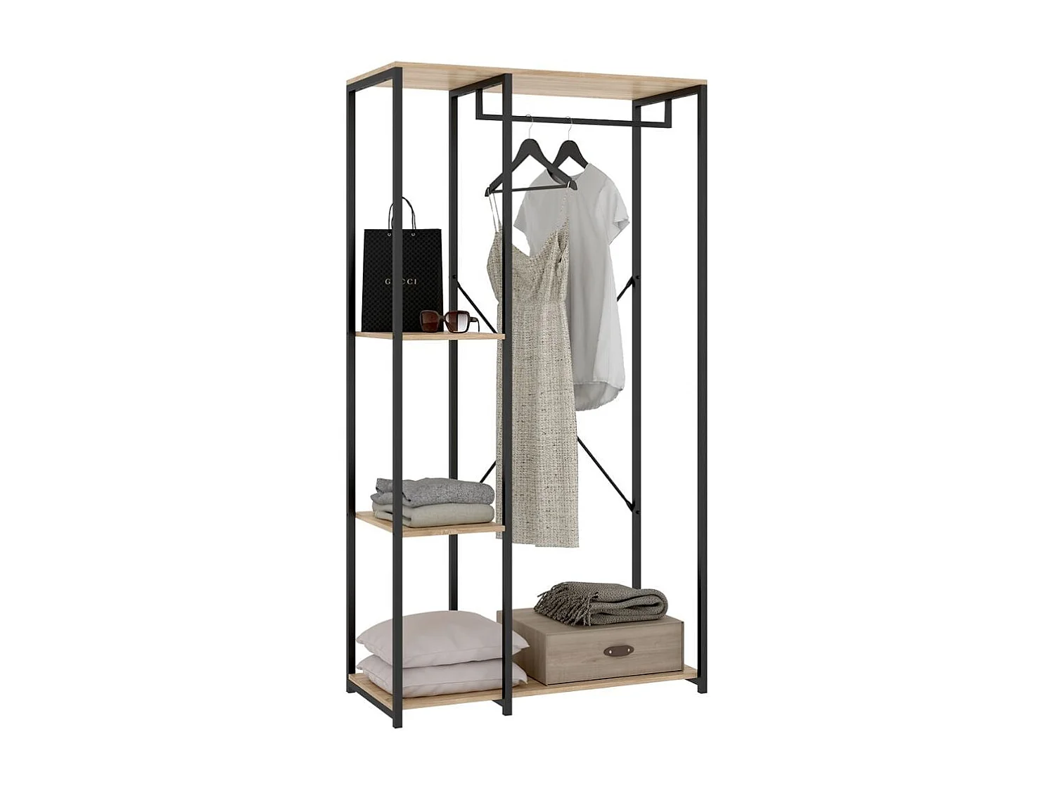 Armario vestidor Tork con barra y 3 estantes negro/natural 167x90x40 cm