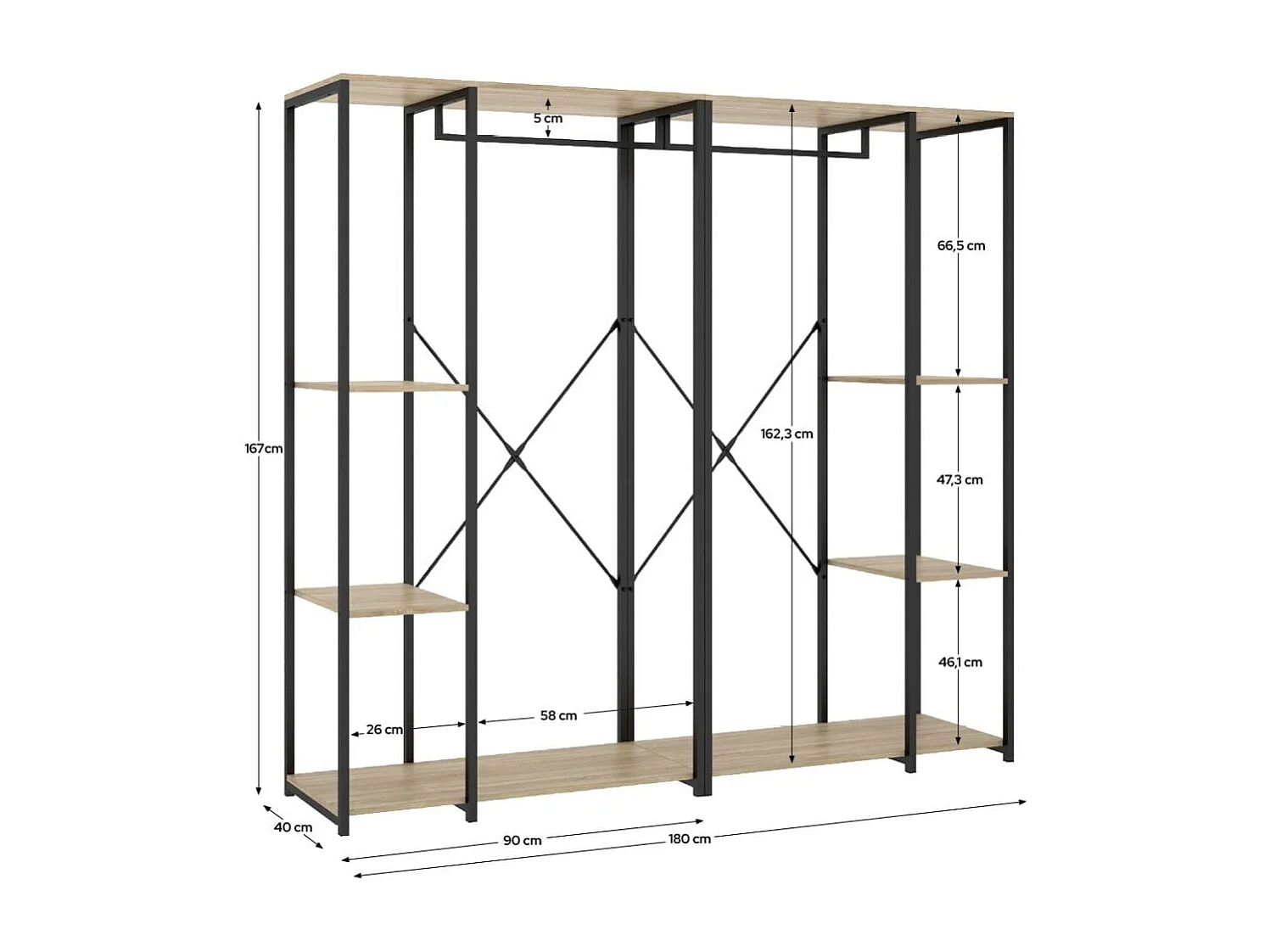 Armario vestidor Trok 2 barras con 4 estantes negro/natural 167x180x40 cm