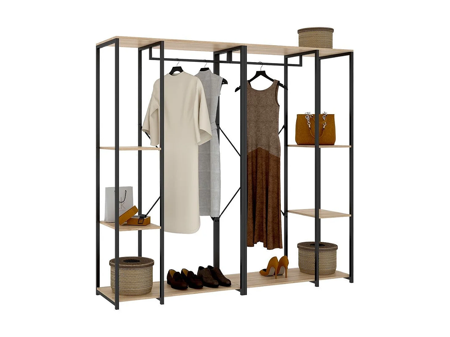 Armario vestidor Trok 2 barras con 4 estantes negro/natural 167x180x40 cm