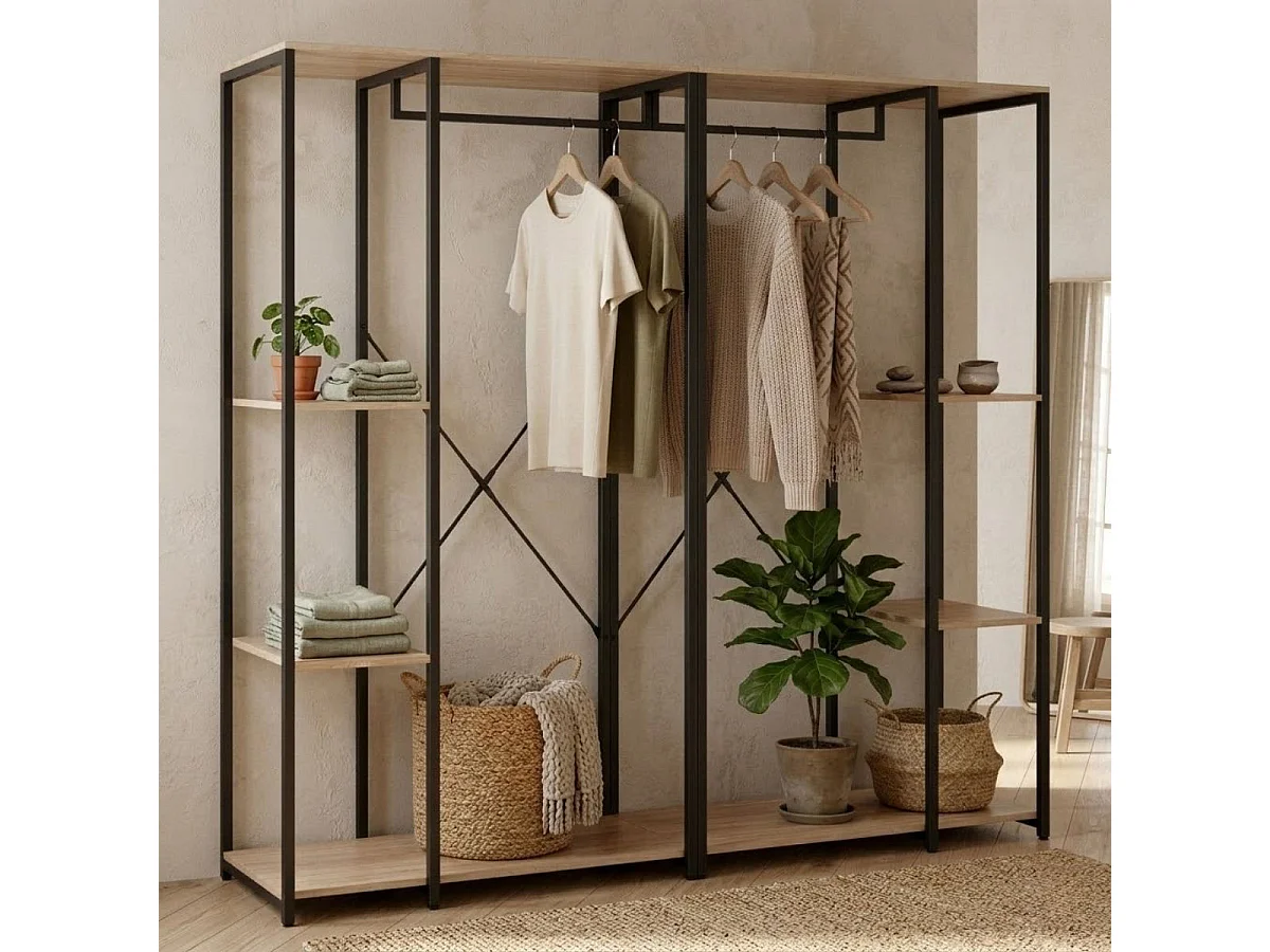 Armario vestidor Trok 3 barras con 4 estantes negro/natural 167x210x40 cm