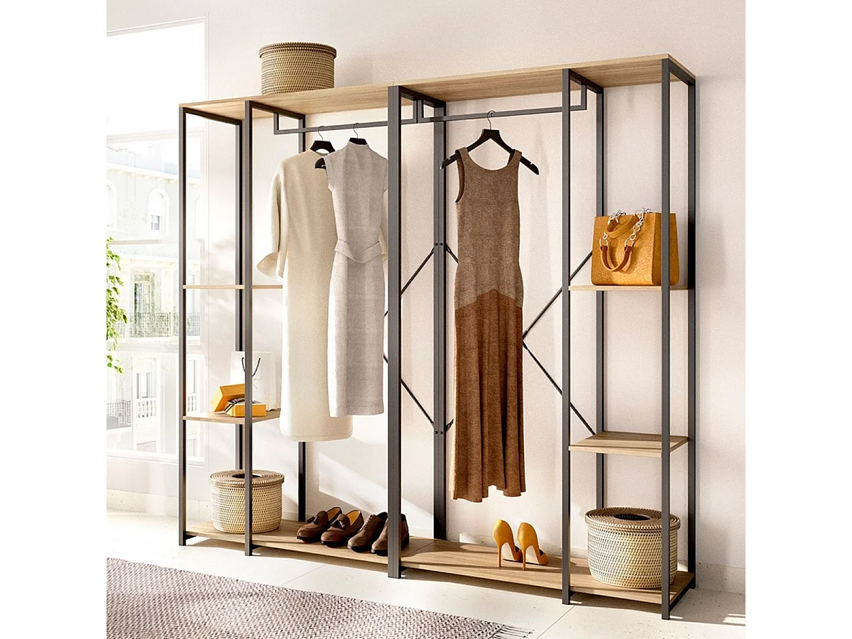 Armario vestidor Trok 3 barras con 4 estantes negro/natural 167x210x40 cm