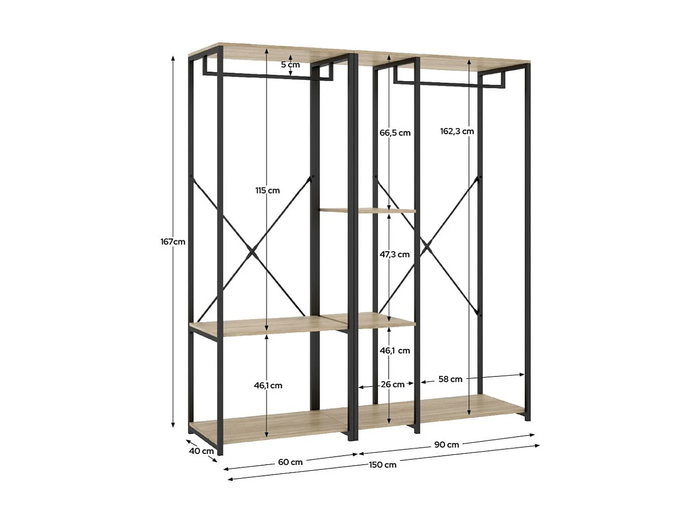 Armario vestidor Trok 2 barras con estantes negro/natural 167x150x40 cm