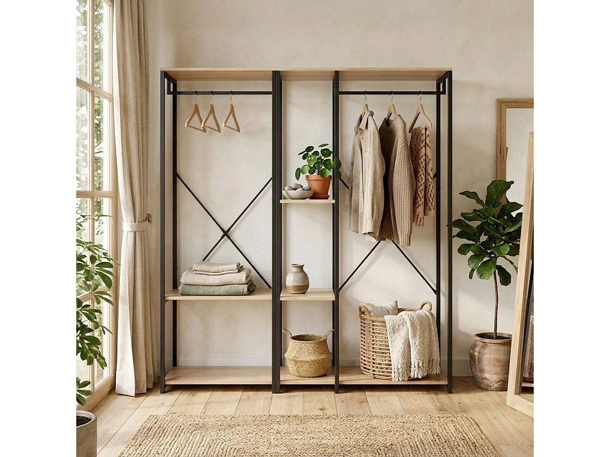 Armario vestidor Trok 2 barras con estantes negro/natural 167x150x40 cm