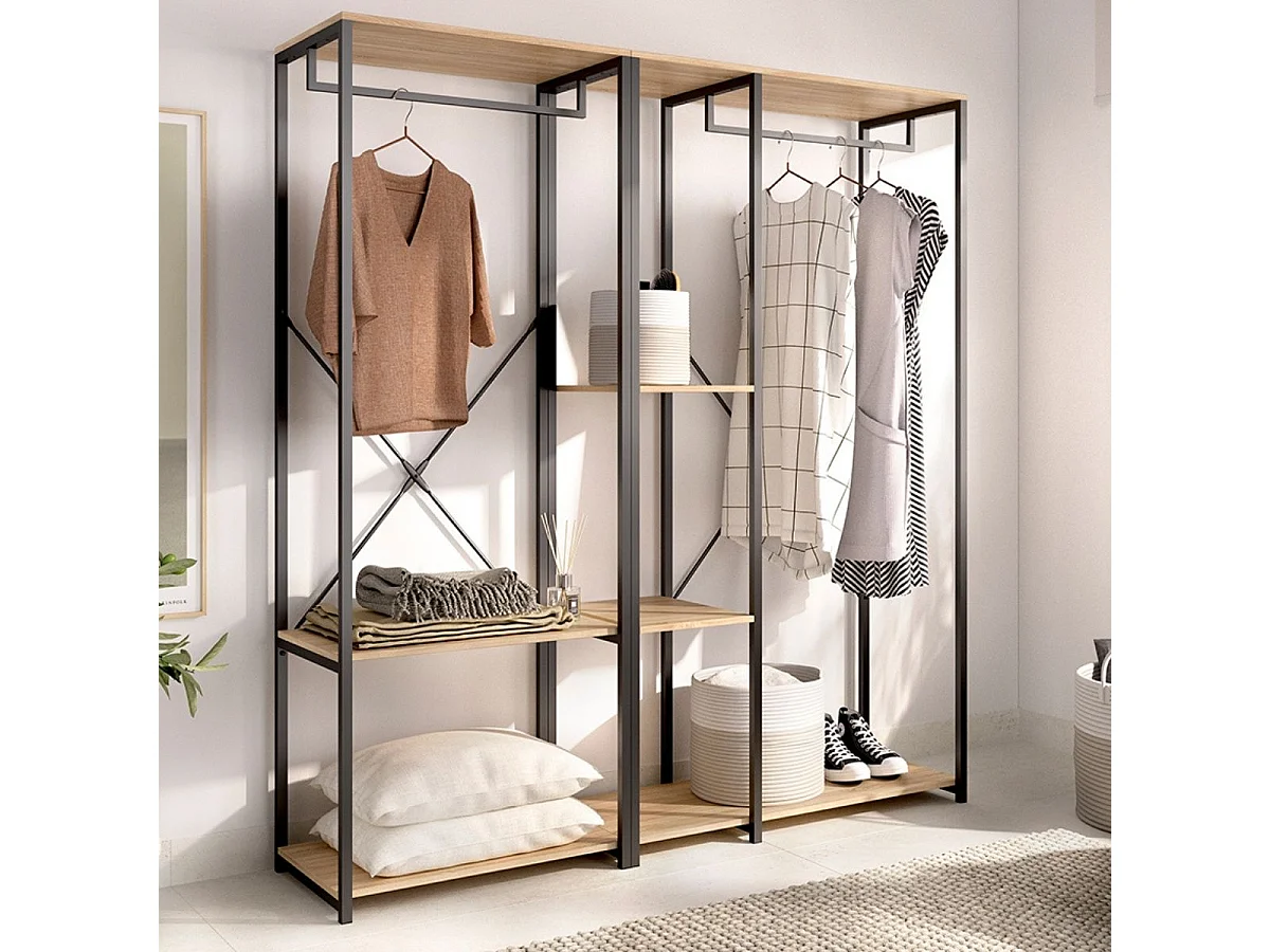 Armario vestidor Trok 2 barras con estantes negro/natural 167x150x40 cm