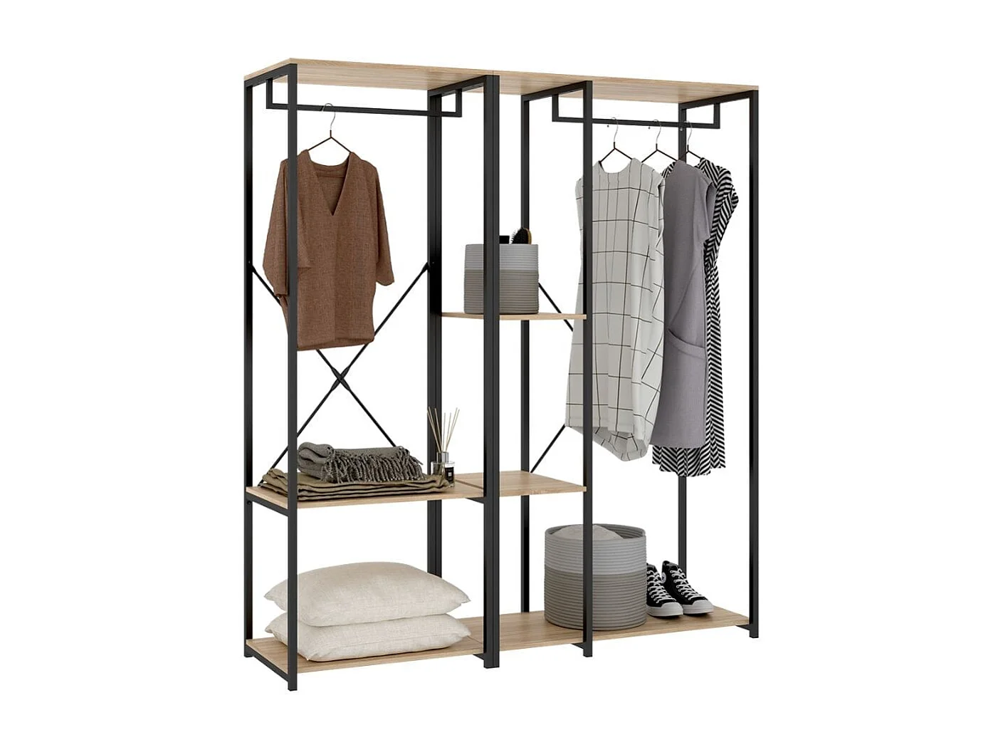 Armario vestidor Trok 2 barras con estantes negro/natural 167x150x40 cm