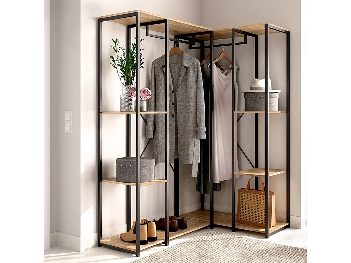 Armario vestidor Trok 2 barras con 4 estantes negro/natural 167x130x90 cm