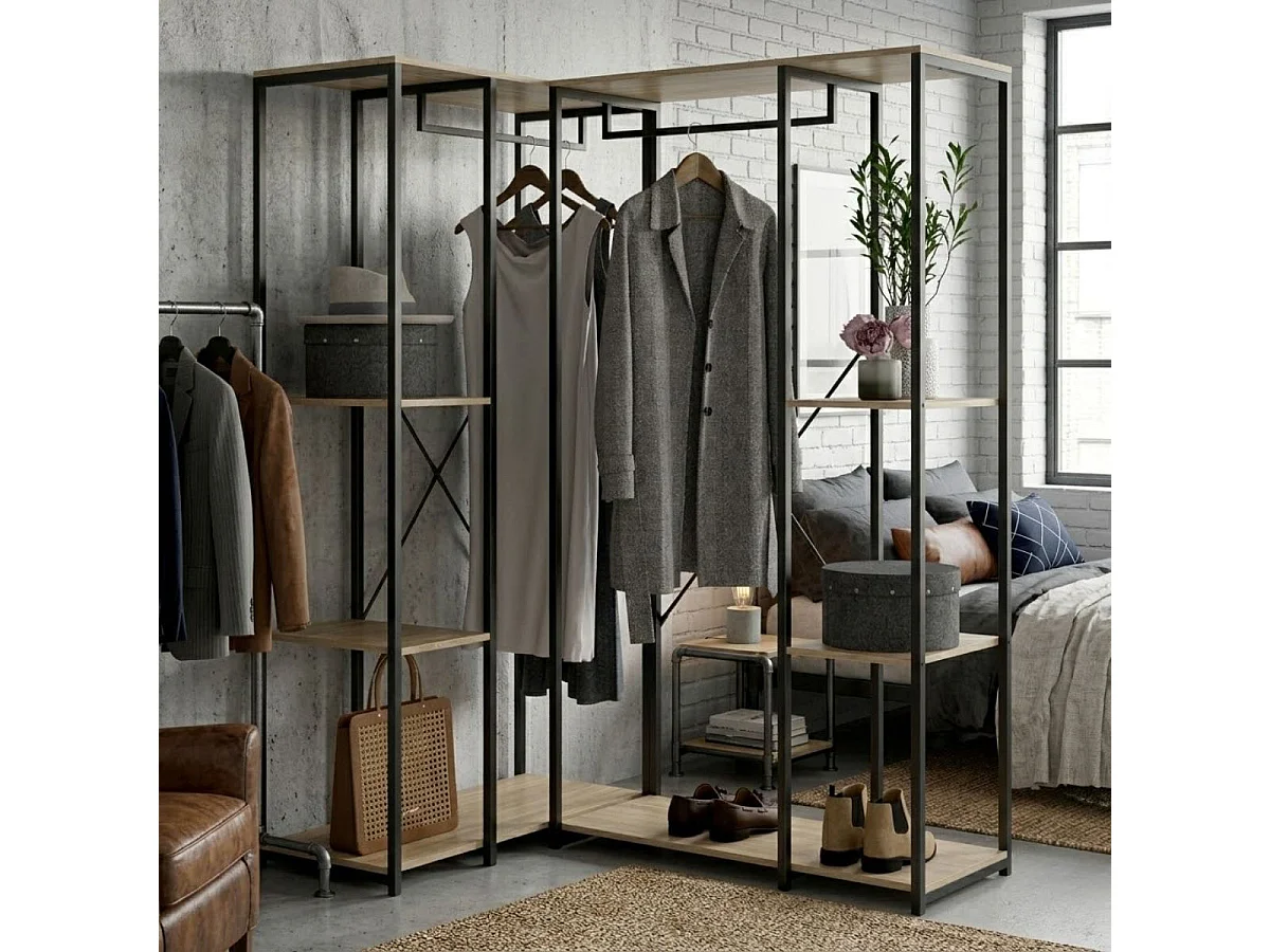 Armario vestidor Trok 2 barras con 4 estantes negro/natural 167x130x90 cm