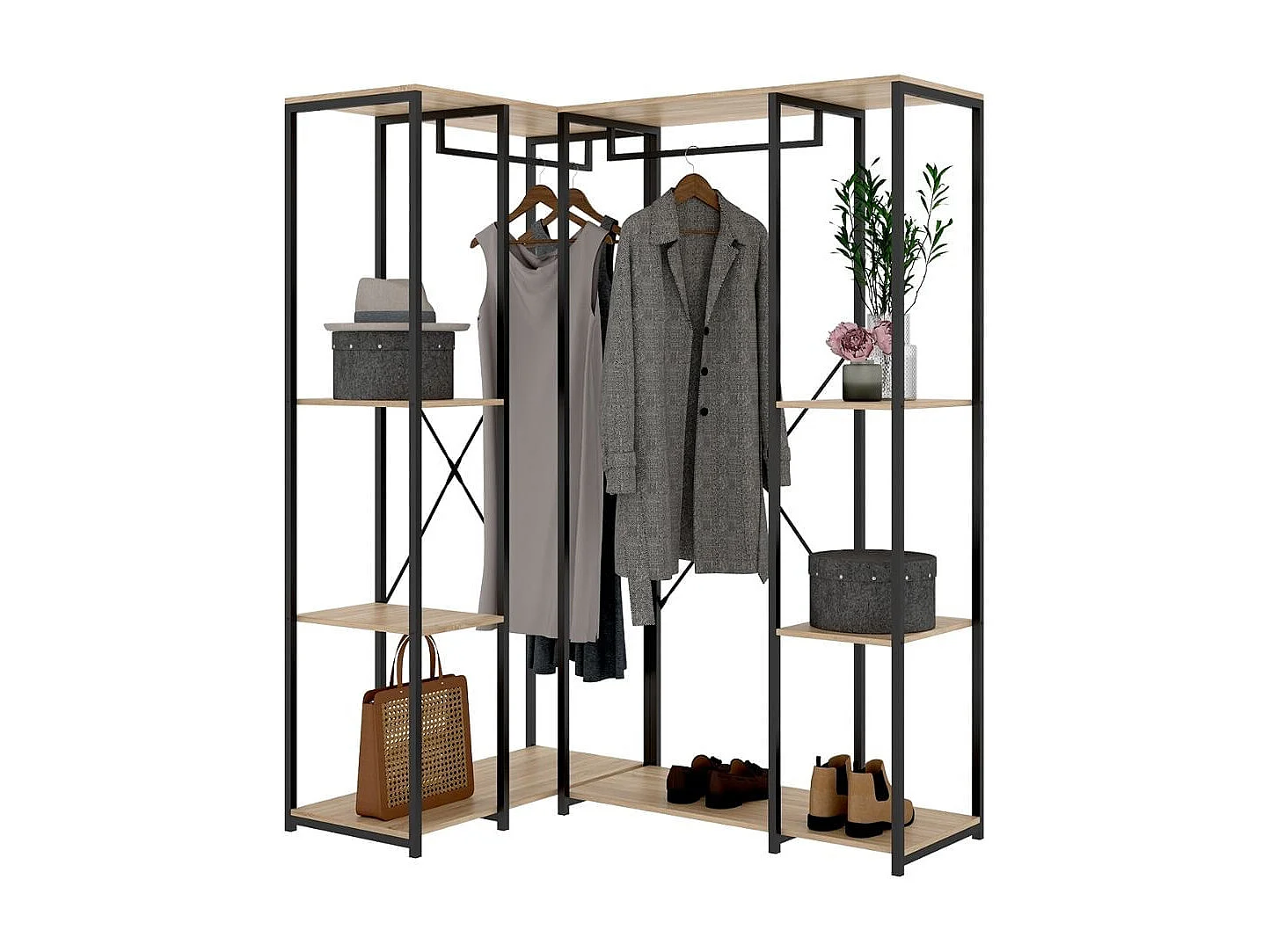 Armario vestidor Trok 2 barras con 4 estantes negro/natural 167x130x90 cm