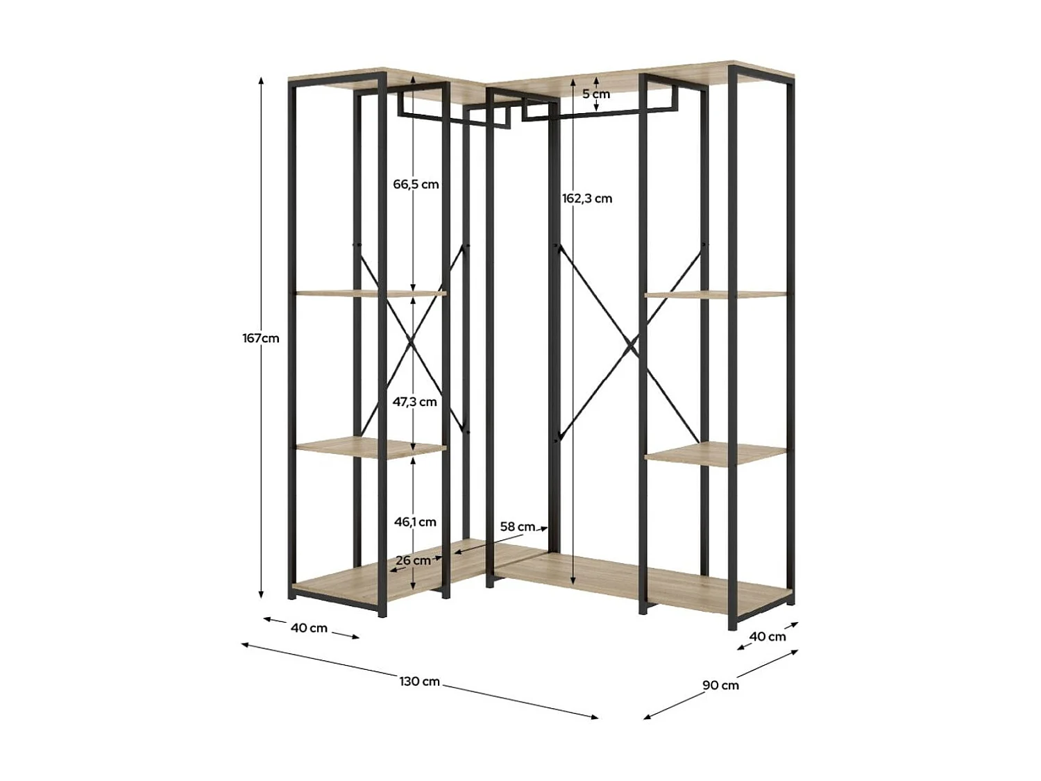 Armario vestidor Trok 2 barras con 4 estantes negro/natural 167x130x90 cm