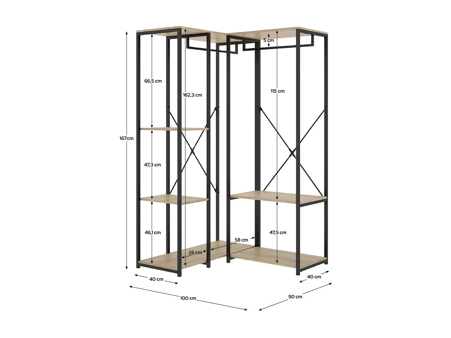 Armario vestidor Trok 2 barras con 3 estantes negro/natural 167x100x90 cm