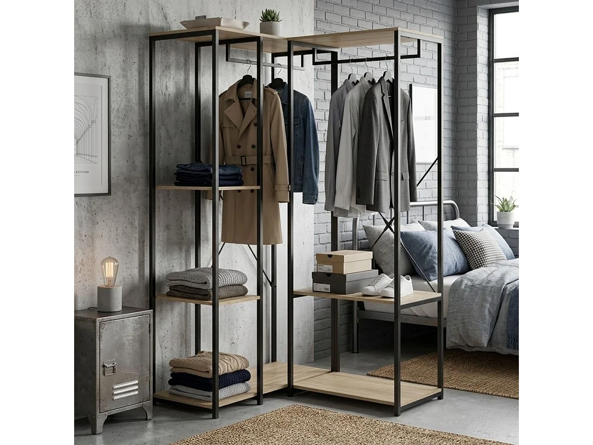 Armario vestidor Trok 2 barras con 3 estantes negro/natural 167x100x90 cm