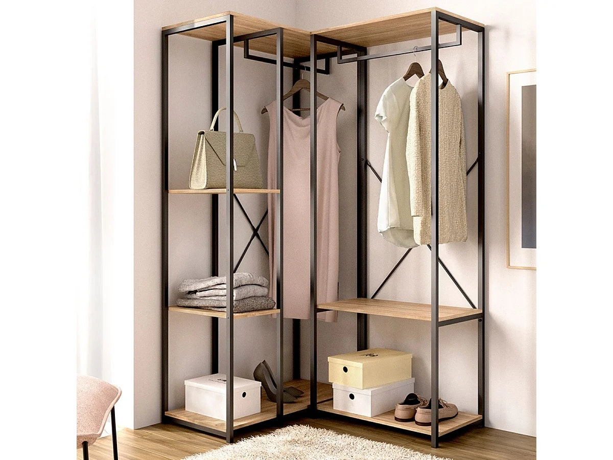 Armario vestidor Trok 2 barras con 3 estantes negro/natural 167x100x90 cm