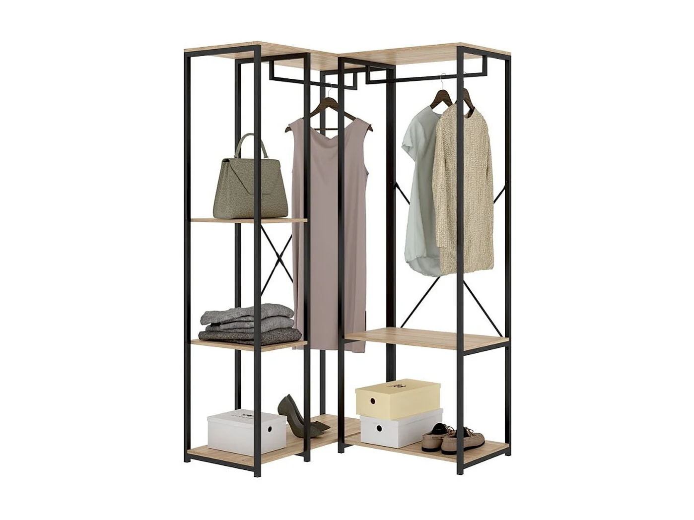 Armario vestidor Trok 2 barras con 3 estantes negro/natural 167x100x90 cm