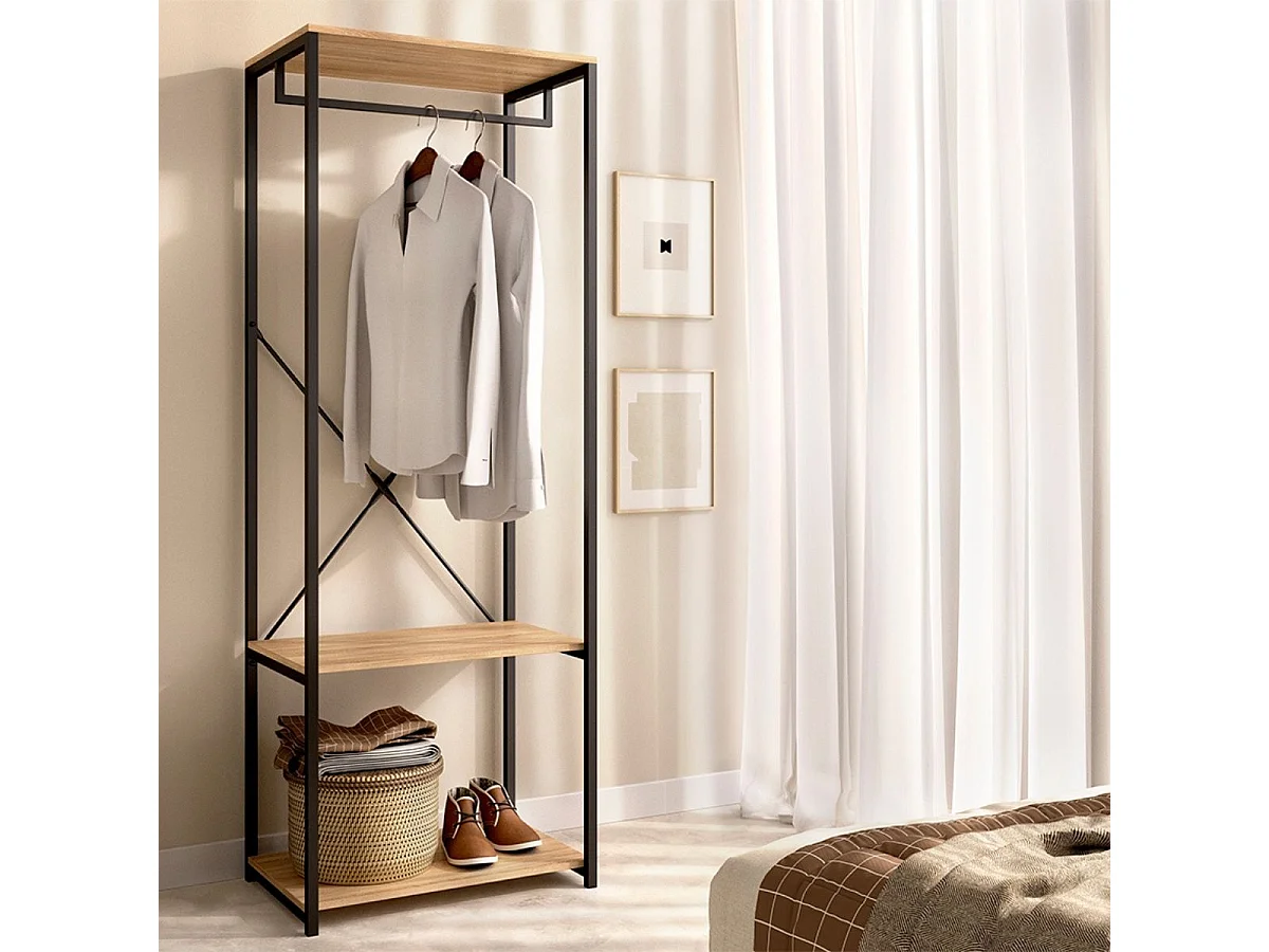 Armario vestidor Tork con barra y estantes negro/natural 167x60x40 cm