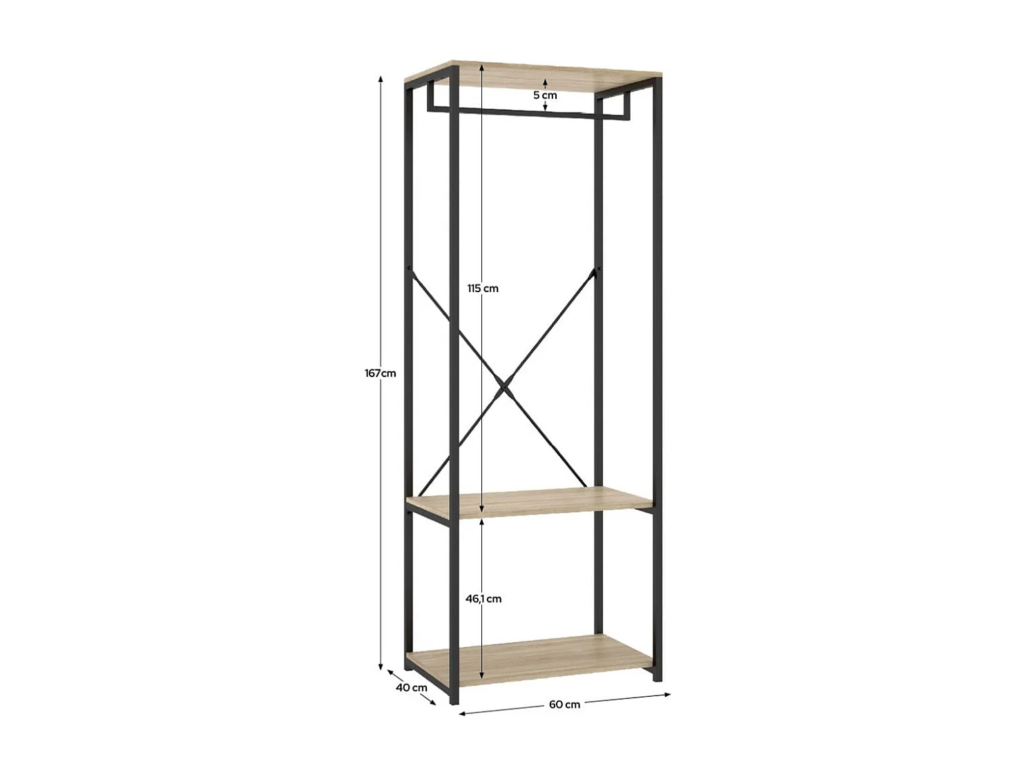 Armario vestidor Tork con barra y estantes negro/natural 167x60x40 cm