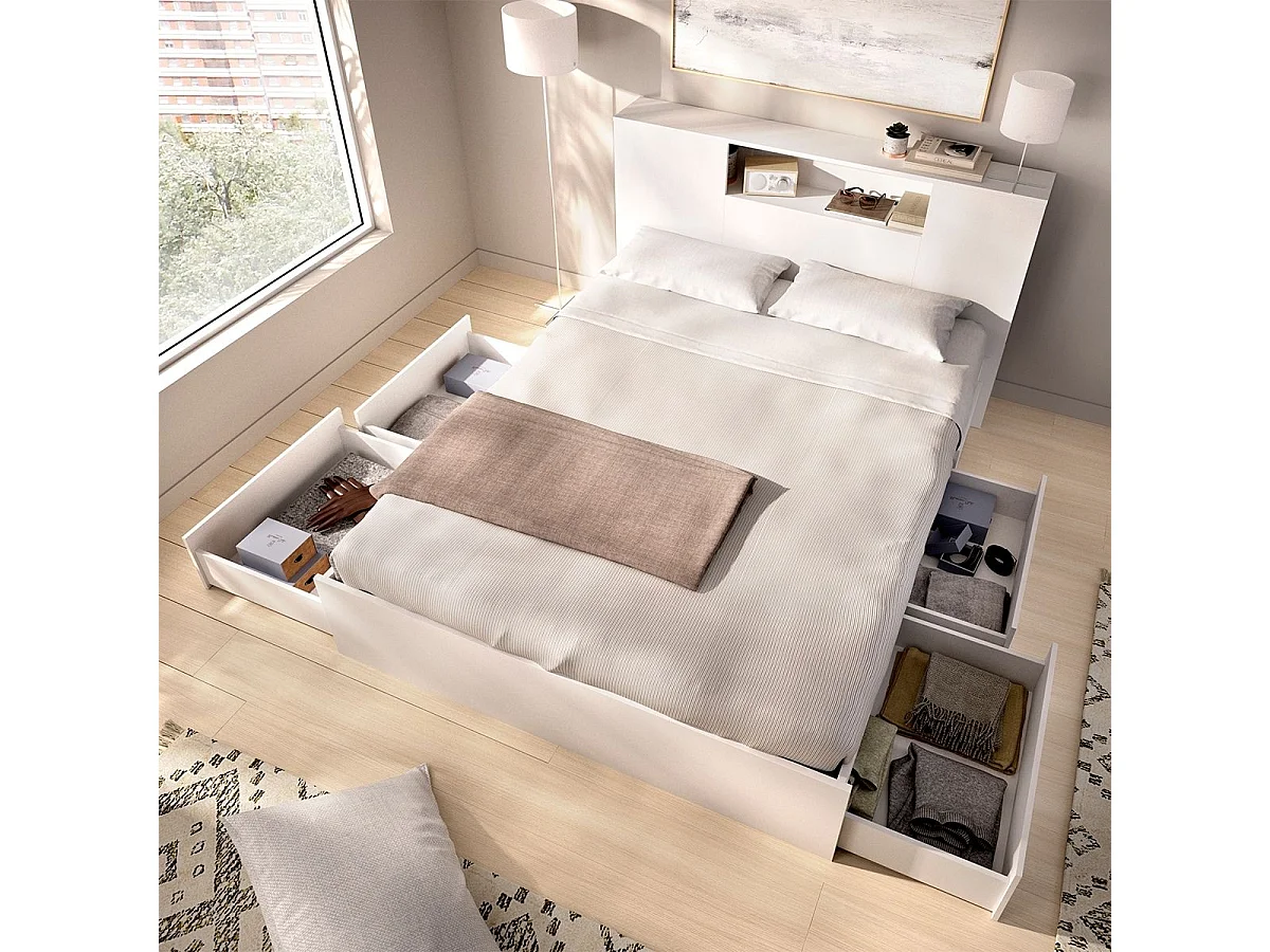 Composición de dormitorio Pack Ten cabecero con canapé 4 cajones blanco 95,5x160x243,2 cm