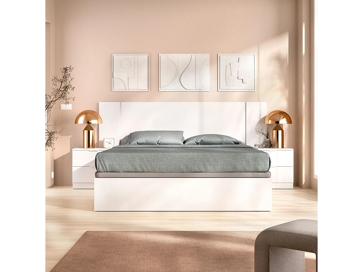 Composición de dormitorio Pack Len cabecero con mesitas de noche y canapé blanco 96x251x190 cm