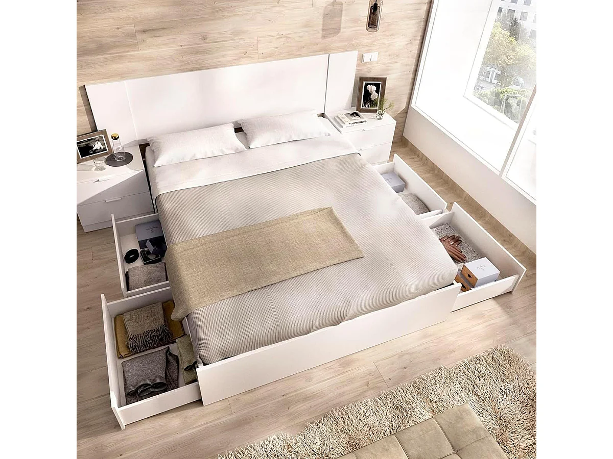 Composición de dormitorio Pack Len cabecero + estructura cama + 2 mesitas de noche blanco 96x251x196,4 cm