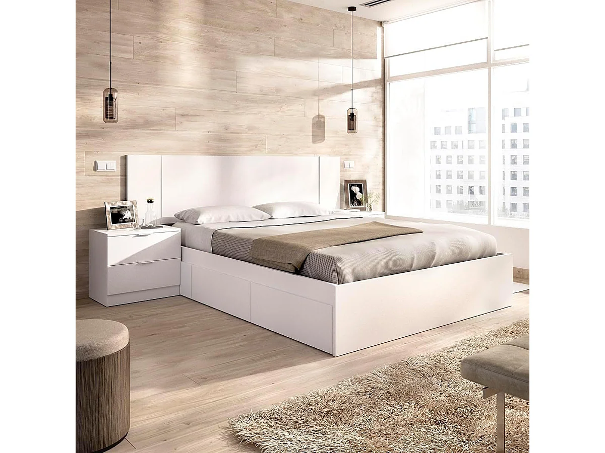 Composición de dormitorio Pack Len cabecero + estructura cama + 2 mesitas de noche blanco 96x251x196,4 cm