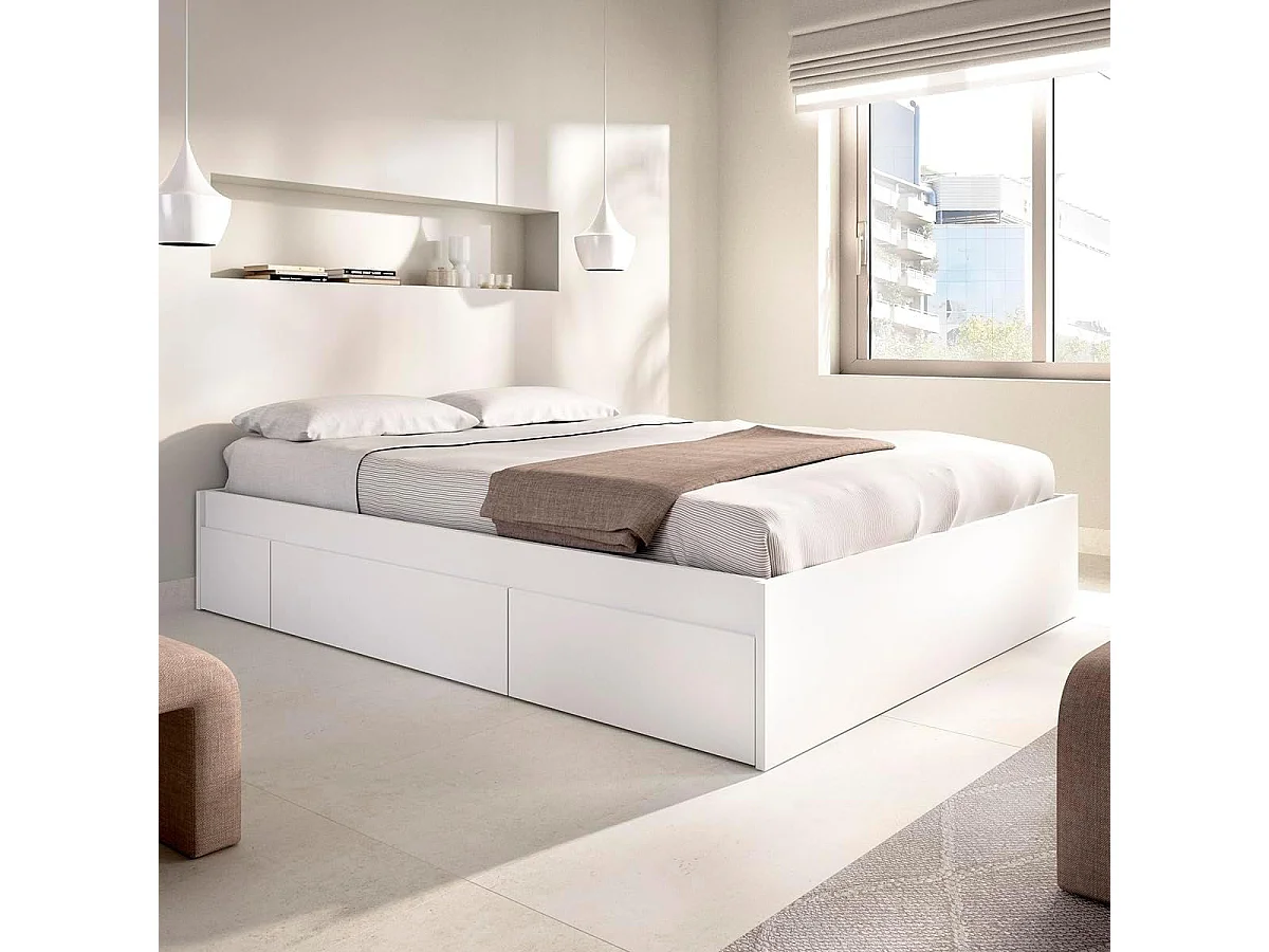 Composición de dormitorio Pack Len cabecero + estructura cama + 2 mesitas de noche blanco 96x251x196,4 cm