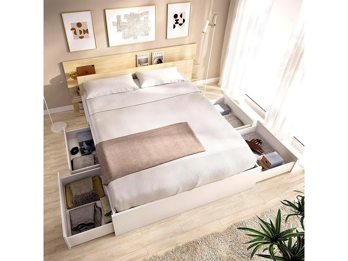 Composición de dormitorio Tori cabecero y estructura de cama con 4 cajones blanco/natural 73x181,2x216,4 cm