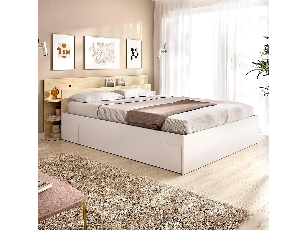 Composición de dormitorio Tori cabecero y estructura de cama con 4 cajones blanco/natural 73x181,2x216,4 cm