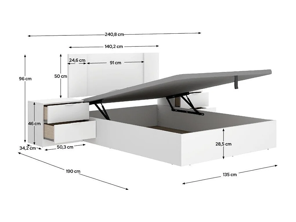 Composición de dormitorio Pack Flow cabecero con mesitas y canapé blanco 96x240,8x190 cm