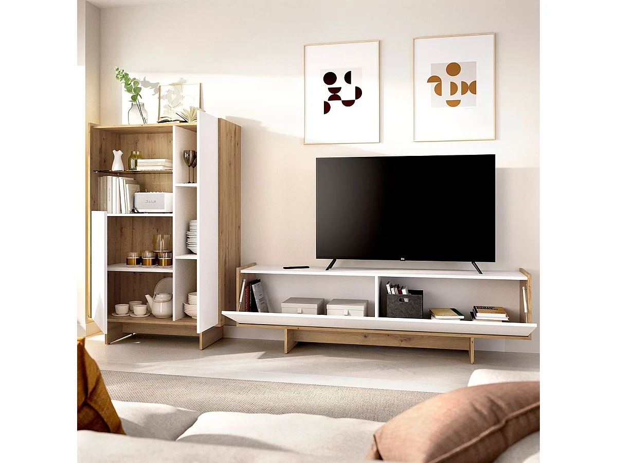 Composición de salón Ka mueble de TV y aparador blanco/natural