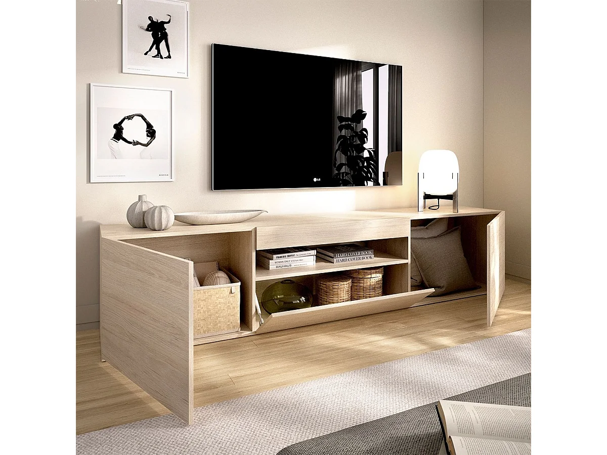 Mueble de TV Malmo 2 puertas con puerta abatible y compartimento natural 47,7x200x41,5 cm