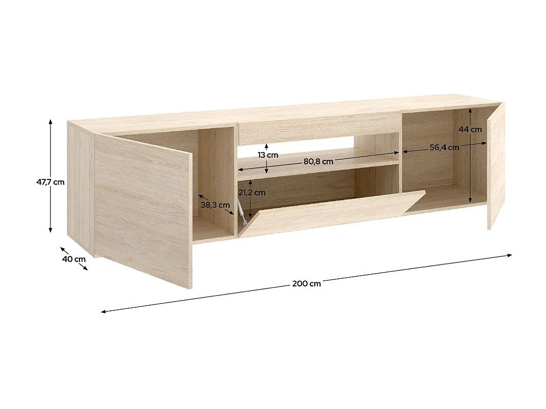 Mueble de TV Malmo 2 puertas con puerta abatible y compartimento natural 47,7x200x41,5 cm
