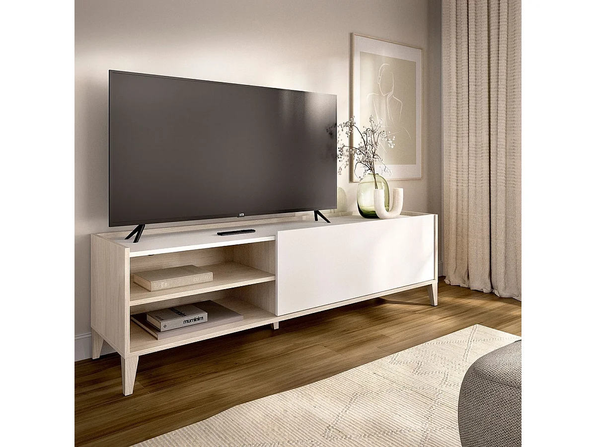 Mueble de TV Bari puerta abatible con 2 compartimentos blanco/natural 47,1x155,3x42,5 cm