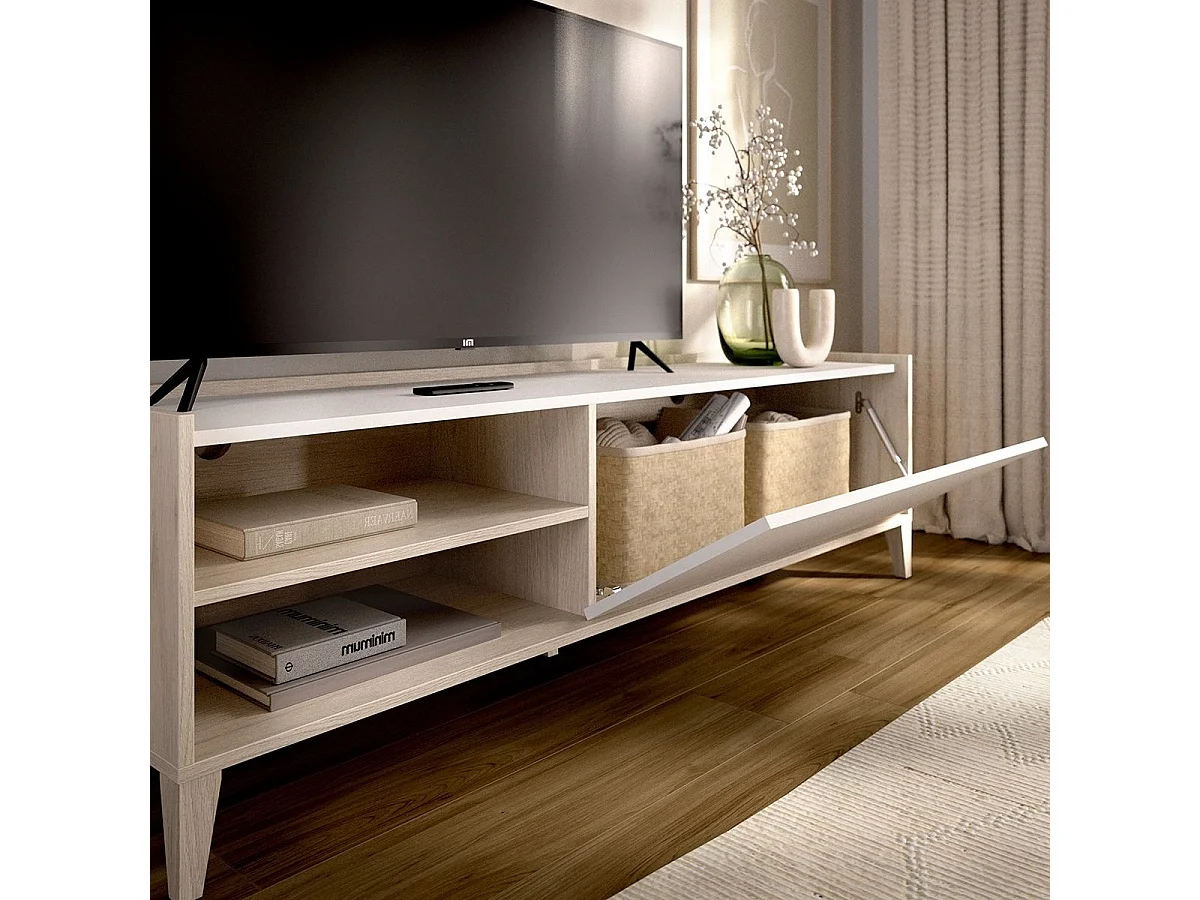 Mueble de TV Bari puerta abatible con 2 compartimentos blanco/natural 47,1x155,3x42,5 cm