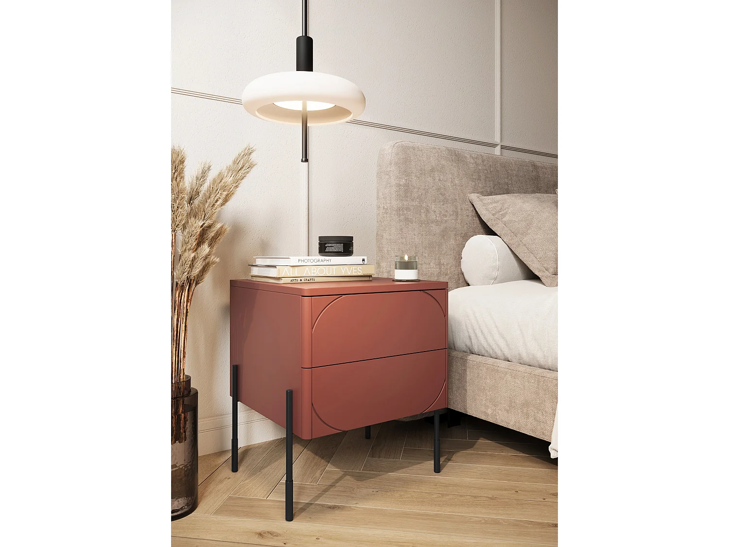 Burgunderroter Nachttisch mit 2 Schubladen, 49 x 55 cm