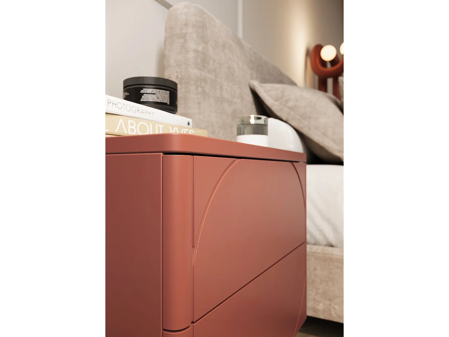 Burgunderroter Nachttisch mit 2 Schubladen, 49 x 55 cm