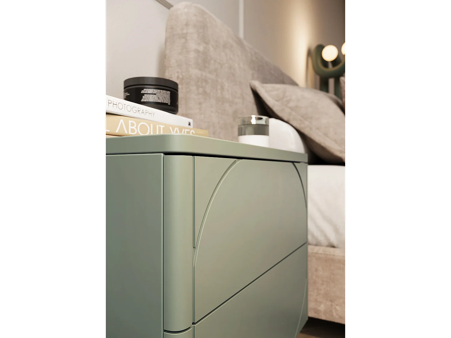 Olivgrüner Nachttisch mit 2 Schubladen, 49 x 55 cm