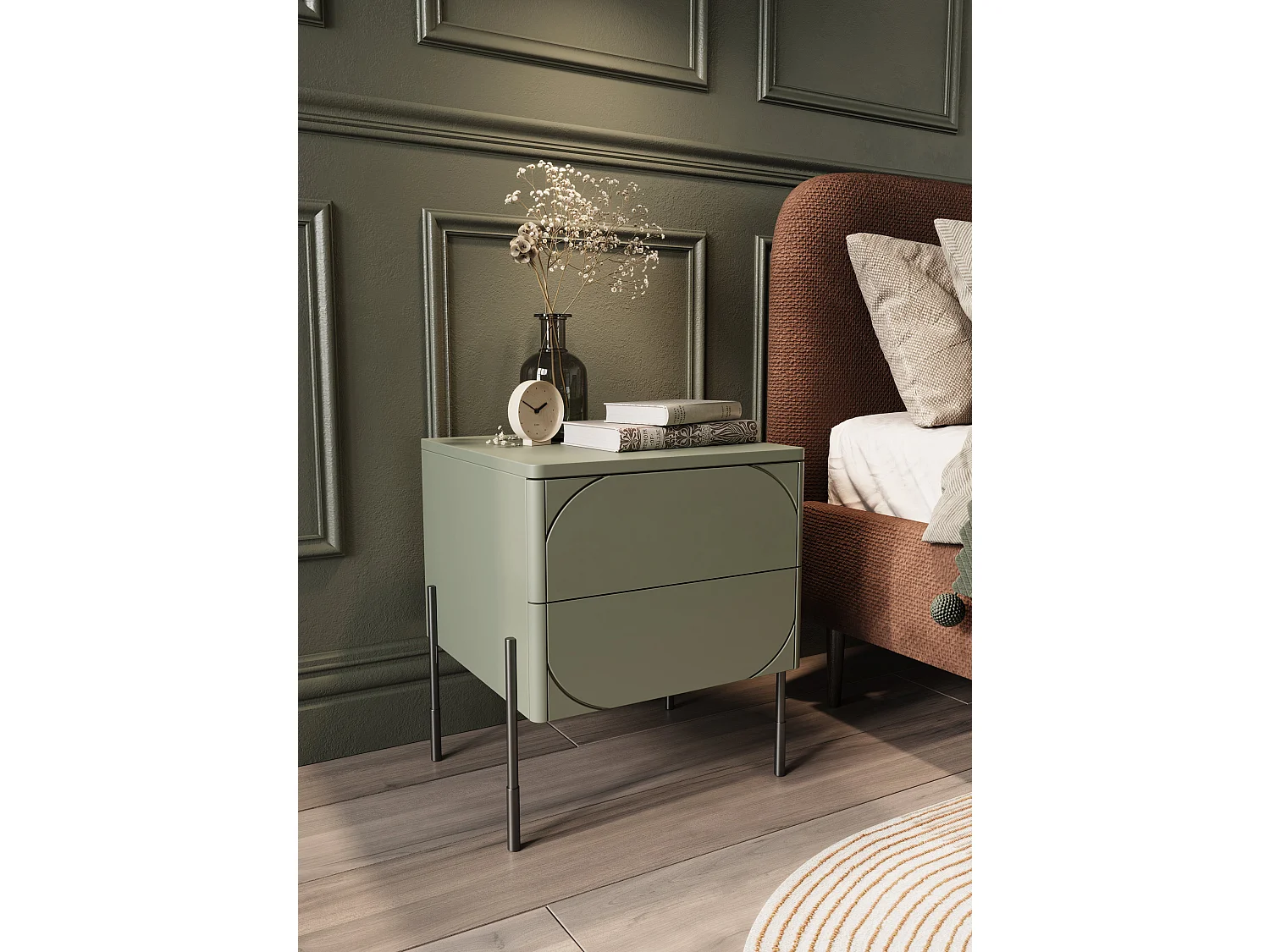 Olivgrüner Nachttisch mit 2 Schubladen, 49 x 55 cm