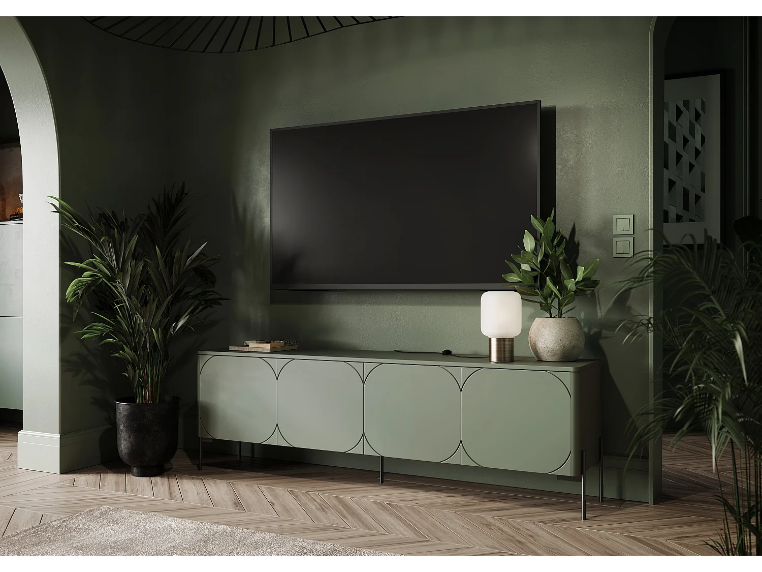 4-deurs tv-meubel met metalen poten, olijfgroen, 204 x 65 cm