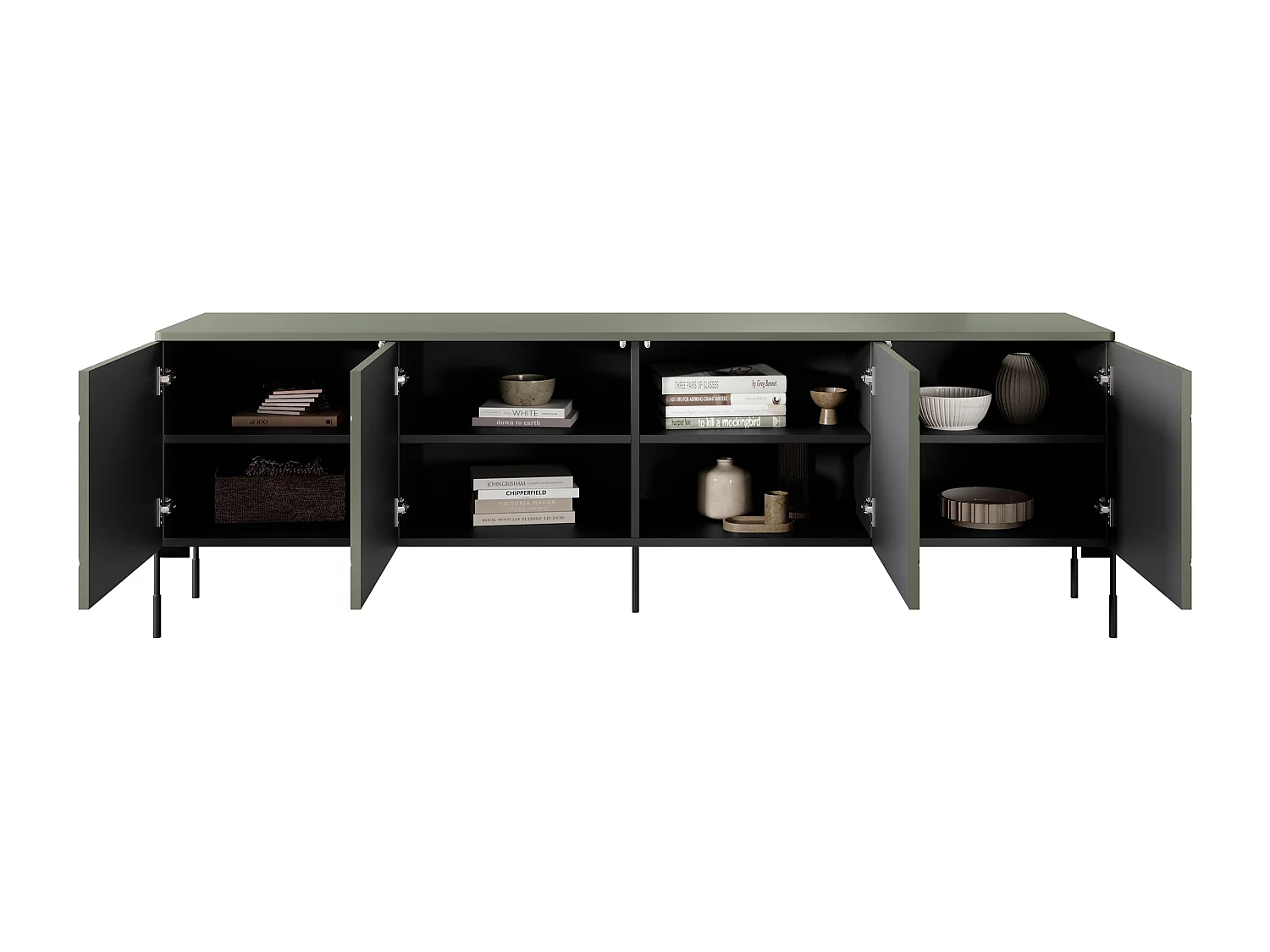 4-deurs tv-meubel met metalen poten, olijfgroen, 204 x 65 cm